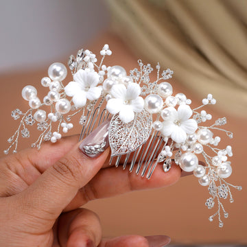 Ceramic White flower Pearls In Spring Light Hair comb, Bridal Hair piece, Bridal Hair Accessories, Wedding Hair Accessory.